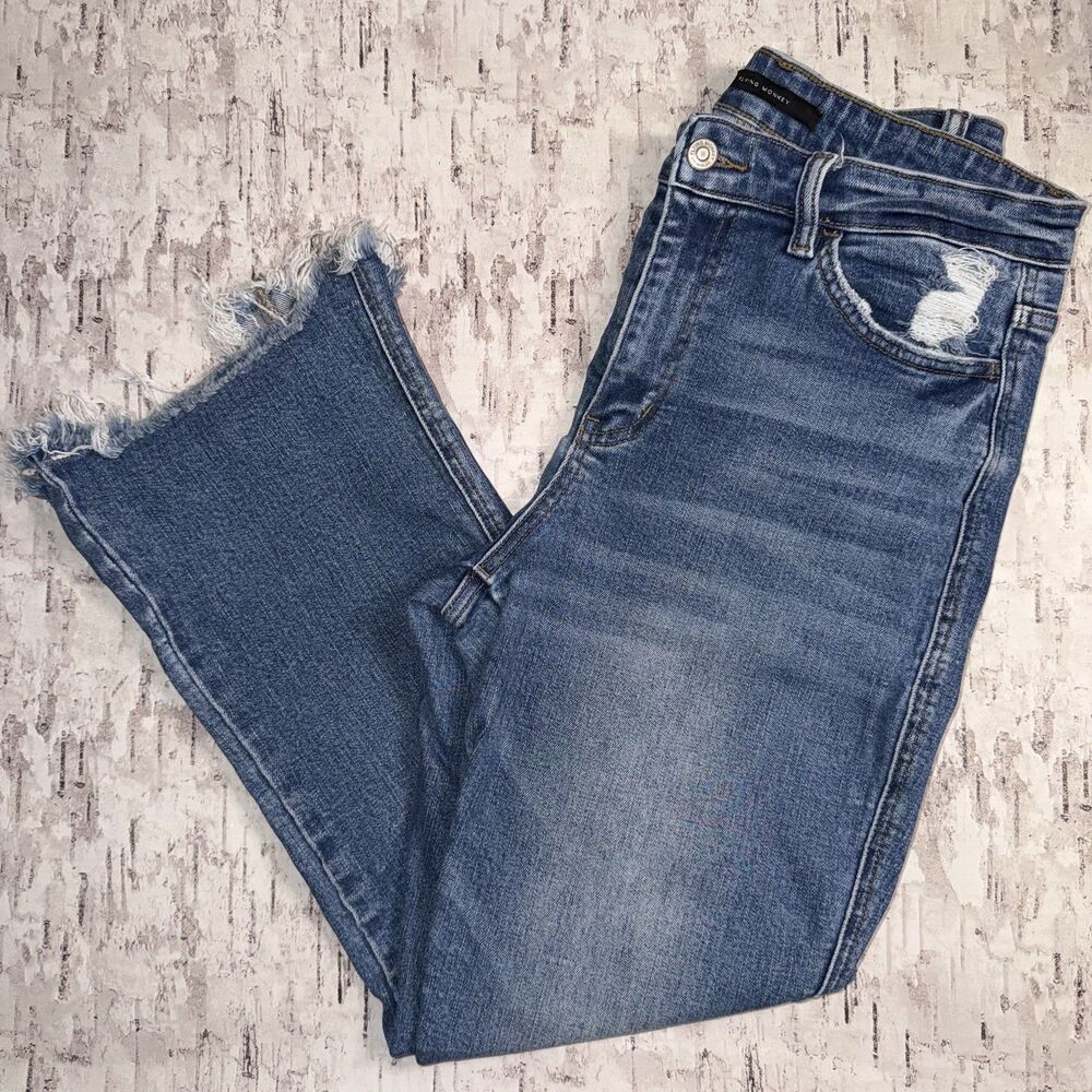 Flying Monkey High Rise Cropped Flare Stretch Jean Raw Hem Size 30